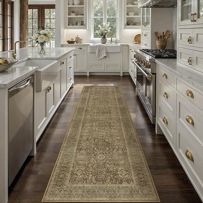 Brown 2x8 Runner Rug Washable Vintage Long Carpet for Hallway Kitchen Soft Retro Floral Low Pile Indoor Runner Non Slip Traditional Distressed Rug for Bathroom Bedroom Laundry Dining Room