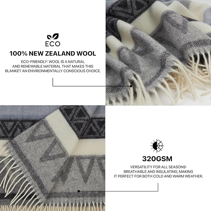 | Wool Blanket/Throw | 100% New Zealand Wool | Perfect for Home and Outdoors | Virgin Wool Throw with Fringes 75"x87" (190 x 220 cm)