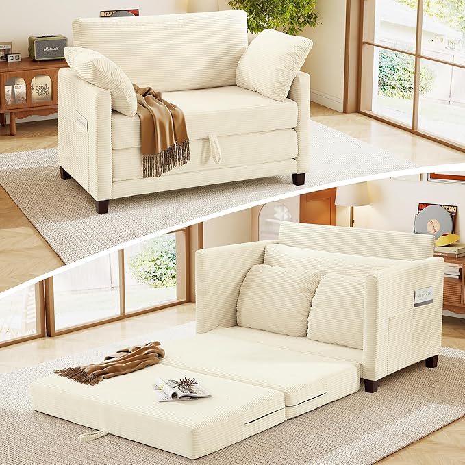 51" Loveseat Sleeper Sofa Bed, Corduroy Convertible Floor Sofa Bed for Small Spaces, Folding Couch Bed with Deep Seat, 2 Pillows & Solid Frame, Pull Out Floor Couch for Living Room, Beige