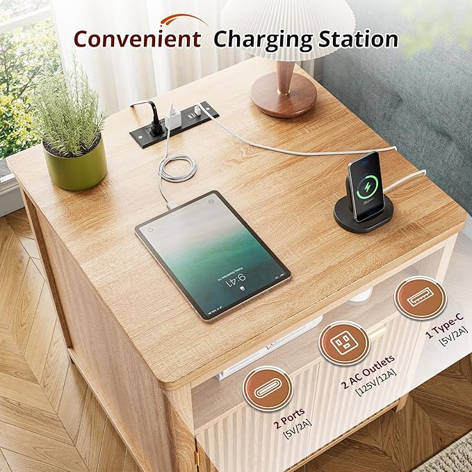Fluted Nightstands Set of 2 with Charging Stations, 23.6" Wide Natural Oak Nightstand with Storage Drawers, Side Tables, Modern Farmhouse End Tables for Bedroom, Natural Oak