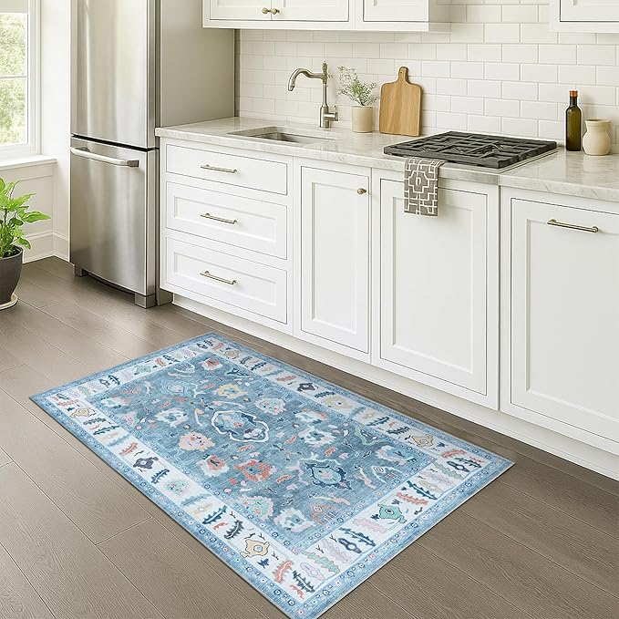 Fame Rugs Teal Modern Oushak Rug 2'6"x7', Washable Vintage Turkish Colorful Oriental Antique Inspired Foldable Small Runner Rugs, Luxury Living Room Bedroom (995T, 2'6" x 7')