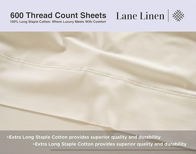 LANE LINEN 100% Cotton 600 Thread Count Soft Twin Bedding Sheets & Pillowcases Set- Sateen Weave Fully Elasticized 15 inch Deep Pocket Twin Sheets, Hotely Like Think Natural Cooling Bedding - Ivory