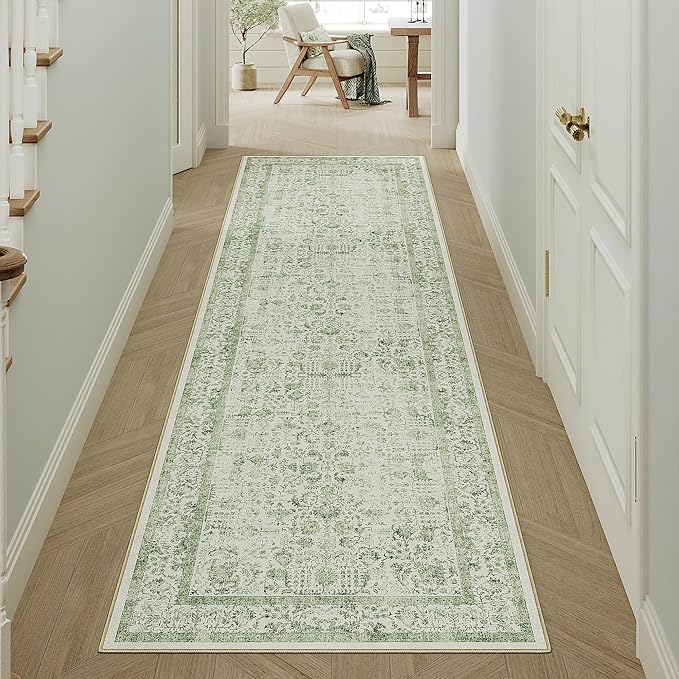 Runner Rug 2x6 Sage Green Hallway Washable Vintage Distressed Kitchen Carpet Non Slip Neutral Low Pile Retro Floral Farmhouse Long Throw Rug Entryway Bathroom Office Laundry Dining Room