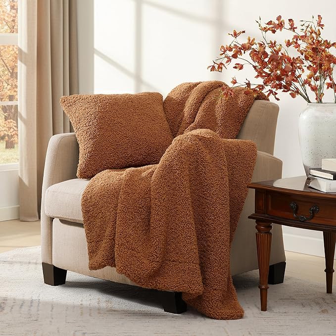 HiEnd Accents Teddy Throw Blanket, 60x90 inch, Caramel, Oversized Boucle Throw Blanket, Soft Cozy Classic Chic Casual Heavy Blanket, Modern Rustic Plush Comfy Warm Blanket for Bed, Sofa