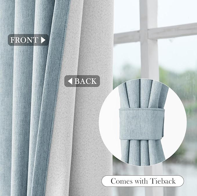 Macochico 100% Blackout Chenille Curtains for Sliding Door Thermal Insulated Noise Reducing Drapery for Living Room Bedroom Hotel, Grommet Curtains with Tieback, Light Blue, 120" Wx96 L 1 Panel