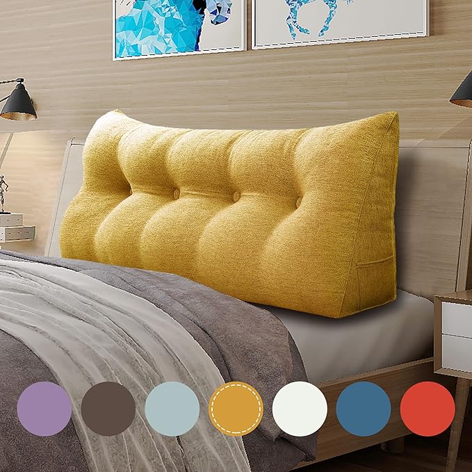 homecozy Wedge Headboard Pillow Dorm Room Reading Pillow Back Support for Sitting Up in Bed Bolster Lumbar Cushion Body Positioning Bedrest Cotton Linen 54in Yellow Full