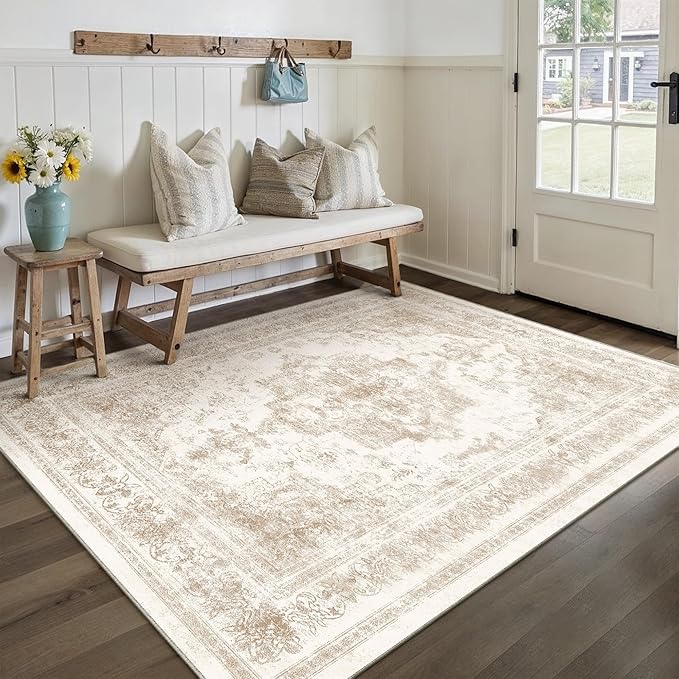 Area Rug 5x7 Cream Washable Living Room Beige Carpet Non Slip Vintage Medallion Low Pile Soft Indoor Bedroom Retro Distressed Indoor Rug for Kitchen Home Office Laundry Dining Room