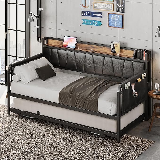 LIKIMIO Daybed with Trundle Bed, Twin Bed Frame with Storage Headboard and Charging Station, Sofa Day Bed with Strong Supports for Living Room, Bedroom, and Guest Room, Black