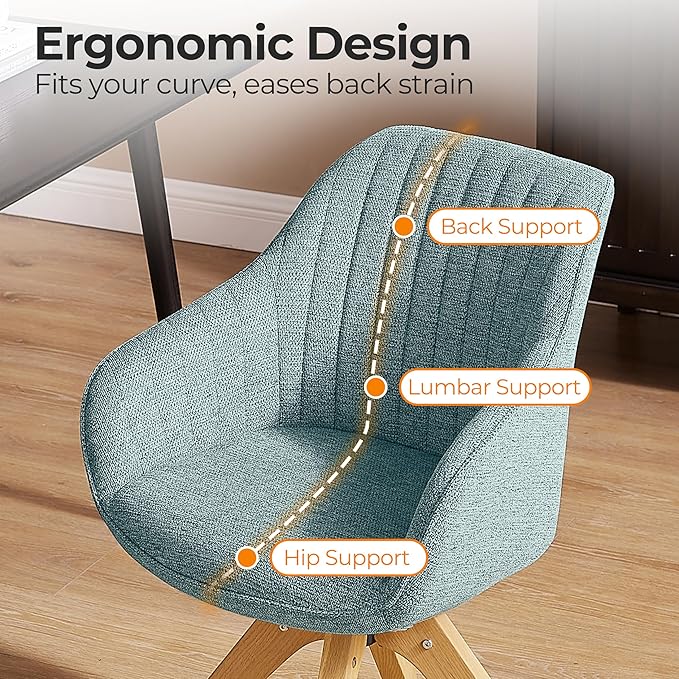 Zouron Mid Century Modern Accent Chair with Wooden Legs, Swivel Desk Chair No Wheels, Upholstered Side Armchair Vanity Chair for Small Space Home Office Living Room Bedroom, Light Blue