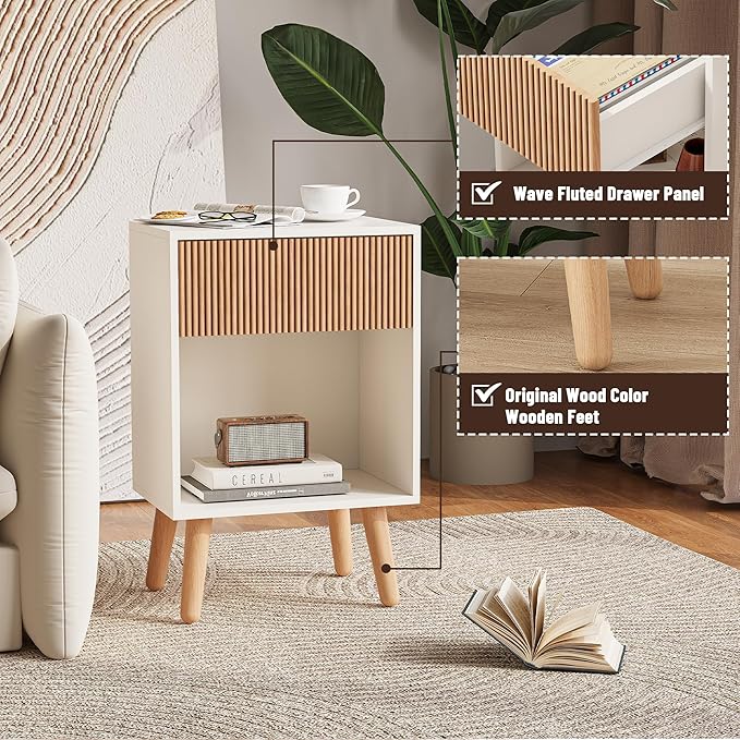 Fluted Nightstand, Modern Bedside Table with Storage Drawers and Open Wood Shelf, Night Stand with Solid Wood Legs, End Tables Side Tables for Living Room, Bedroom