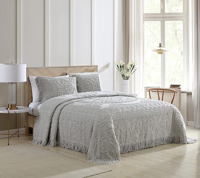 Beatrice Home Fashions Medallion Chenille Bedspread, Standard Sham, Gray