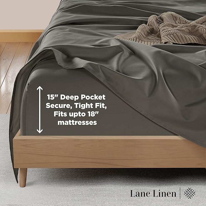 LANE LINEN 600 Thread Count 100% Mercerized Cotton Machine Wash Full Size Bed Sheets Set, Fully Elasticized Fitted Sheet, European Closure Pillow Cases, Z Hem Top Sheet, Soft & Comfy Sheets - Charcoal