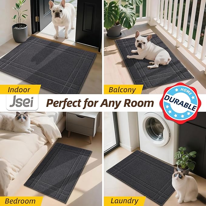 JSEI Entryway Rugs Doormat 20"x32", Non-Slip Dirt Trapper Door Mats Indoor, Washable Absorbent and Stain Resist Welcome Floor Mat for Front Door, Dog Door Mat, Muddy Wet Shoes & Paws, Dark Grey