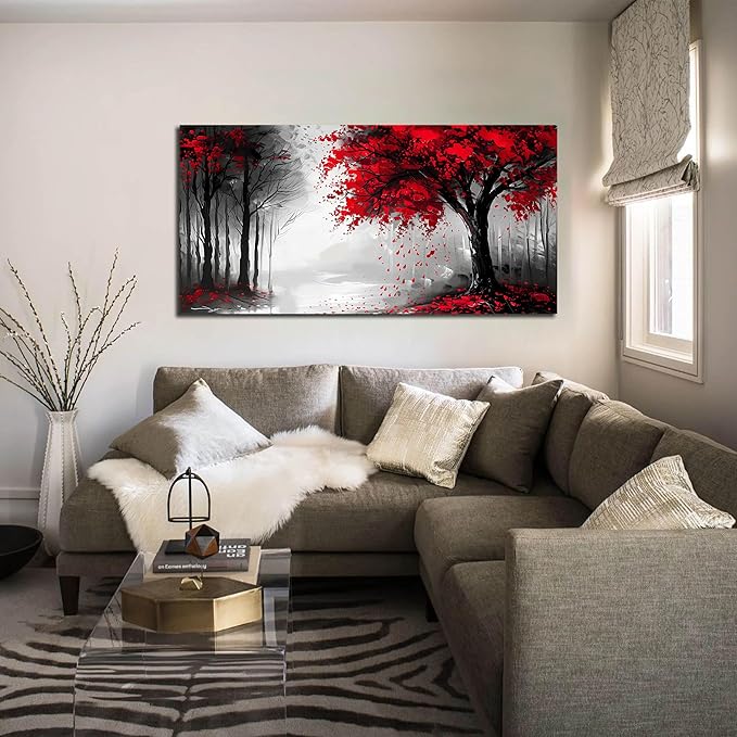 Large Canvas Wall Art for Living Room Black White and Red Forest Print Pictures Painting Framed Wall Decor for Bedroom Modern Home Plant Scenery Wall Decorations Artwork Size 24x48 Ready to Hang