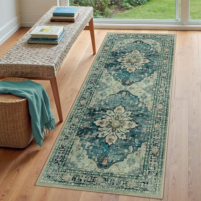 Area Rugs 3'x6' Washable Non-Slip, Floral Vintage Distress Print Pattern Medallion Carpet for Living Room Bedroom Dining Room, Dark Blue Vintage