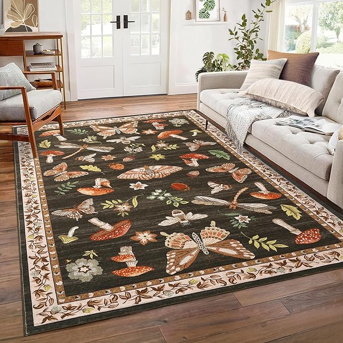 Mushroom Washable Area Rug 6x9 Rugs for Living Room Soft Low-Pile Stain Resistant Thin Carpet for Bedroom Dining Nursery Non Slip Mat with Rubber Brown