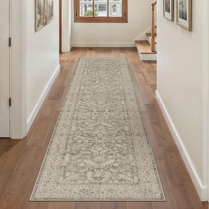 Brown 2x8 Runner Rug Vintage Area Carpet Hallway Indoor Kitchen Washable Low Pile Traditional Distressed Retro Accent Throw Rug Non Slip for Laundry Bathroom Office