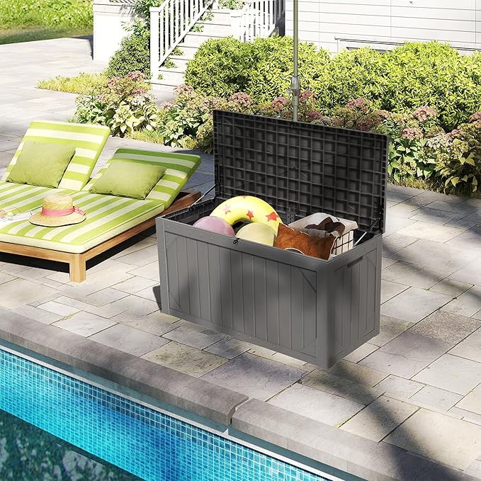 100 Gallon Outdoor Storage Box Waterproof, Lockable Resin Deck Box Patio Storage Bin for Pool Accessories Cushion Furniture, Garden Tools, UV-Resistant Outside Delivery, Grey