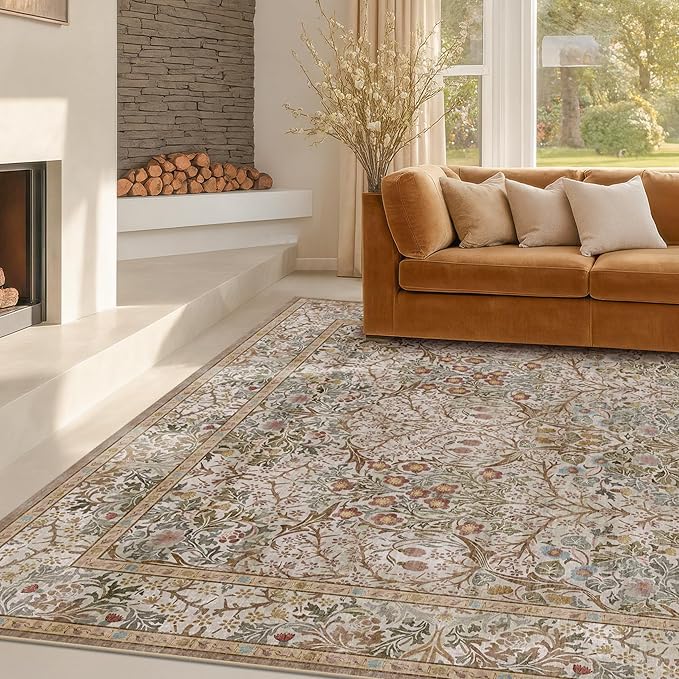 Vintage Moss Green Living Room Rug, 7x10 Washable Large Area Rugs for Bedroom, Dining Room Rugs Under Kitchen Table, Oriental Taupe Low Pile Stain Resistant Non-Slip