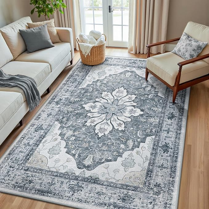Area Rugs 5'x8' Washable Non-Slip, Floral Vintage Distress Print Pattern Medallion Carpet for Living Room Bedroom Dining Room, Light Gray Grey White