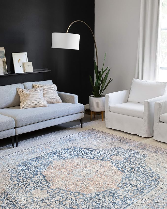 Loloi Layla Collection LAY-07 Blue/Tangerine 9'-0" x 12'-0" .13" Thick Area Rug, Soft, Durable, Vintage Inspired, Distressed, Low Pile, Non-Shedding, Easy Clean, Printed, Living Room Rug