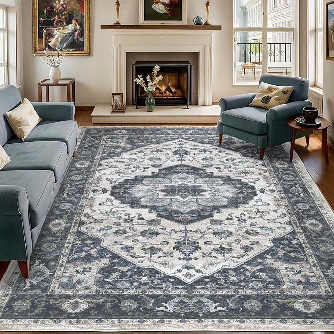 8x10 Vintage Washable Area Rug for Living Room,Low Pile Non Slip Carpet Non-Shedding Large Area Rug Soft Indoor Stain Resistant Rug Floral Print Mat for Bedroom Dining Room Blue Beige