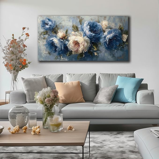 JuhaiArt Flower Wall Art for Living Room Bedroom Home Office White Wall Decor Floral Wall Picture Blue Prints Peony Artwork Art 24" x 48"