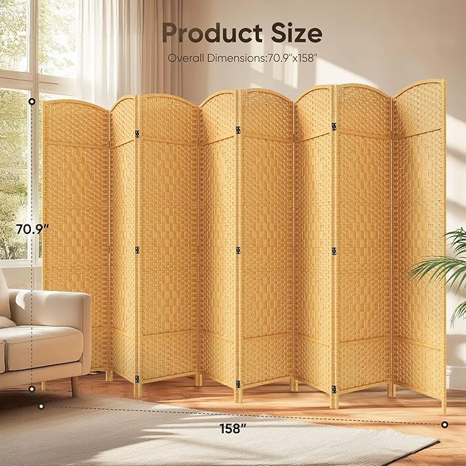 JOSTYLE Room Divider 6ft. Tall Extra Wide Privacy Screen, Folding Privacy Screens with Diamond Double-Weave Room dividers and Freestanding Room Dividers Privacy Screens(Yellow, 8-Panel)