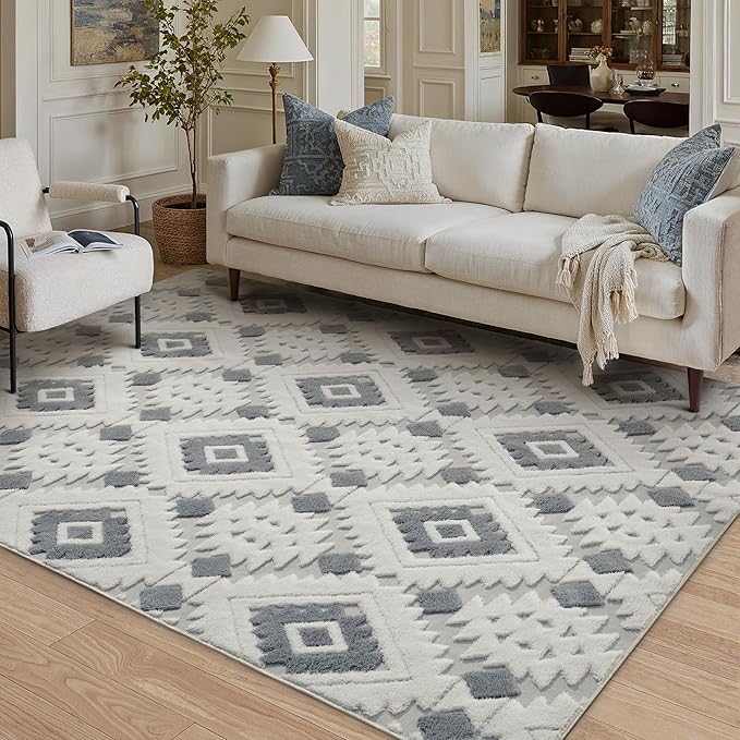 Ivory Grey 4x6 Area Rug Washable Moroccan Shag Office Carpet Non Slip Soft Neutral Boho Floor Mat Plush Pile Throw Rug for Entryway Kitchen Dining Room Bedroom Living Room