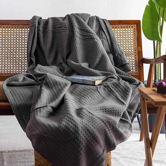 Salt Earth Organic Cotton Throw Blanket, Queen, 90"X92" Waffle Throws for Home, Bedrooms, Outdoor & Office Couch, Modern Room Decor Blankets, Lightweight, All Season Western Blanket (Charcoal Grey)