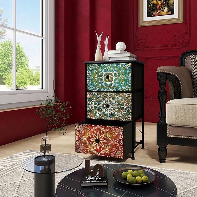 GiftGo Retro Dresser with Fabric Drawers Boho Mandala Flower Chest of Drawers Narrow Storage Tower for Small Spaces Gaps Bedroom Beautiful Nightstand Living Room Table (Mandala, 3 Drawers)