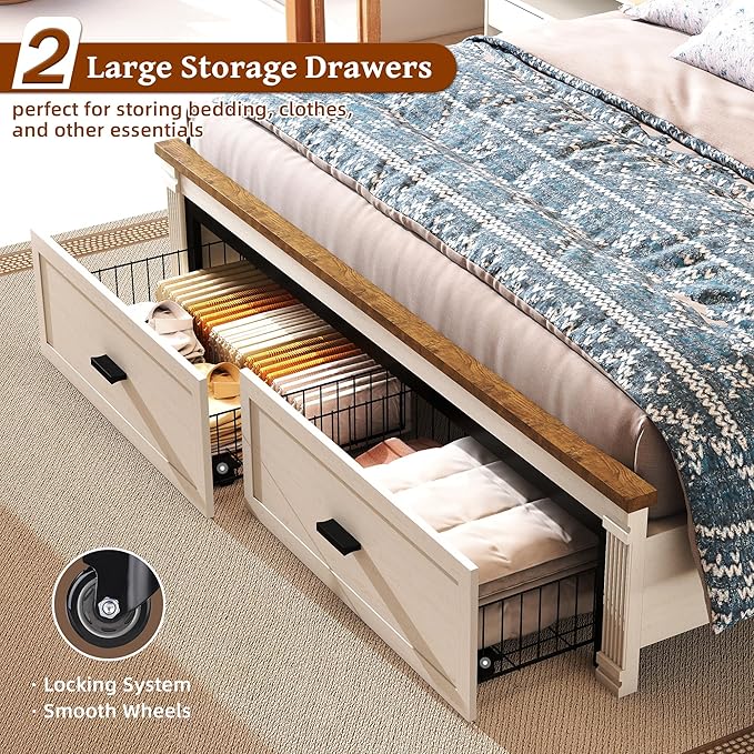 King Size Bed Frame with 53" Tall Headboard, Farmhouse Platform Bed Frame with Roman Column Decoration Footboard & 2 Storage Drawers, LED Built in Charging Station, No Box Spring Needed（Rust White)