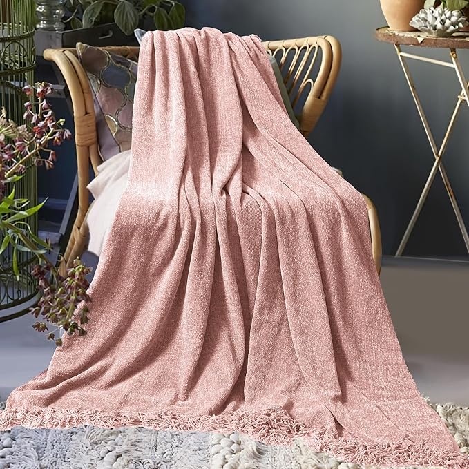 Chenille Throw Blanket for Couch 60"X 80" Twin, Soft Cozy Throws with Fringe Tassel for Bed Sofa Chair Cover, Lightweight Knitted Decorative Boho Blankets for Living Room, Dusty Pink
