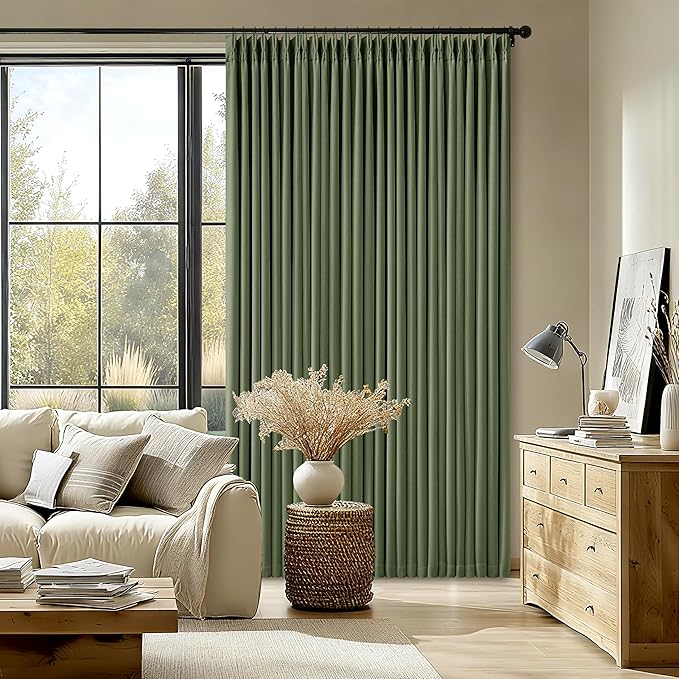 Extra Long Blackout Pleated 108 Inch Curtains Floor Ceiling 2 Panels Set for Living Room Memory Trained Pinch Pleat 100% Black Out Dual Layer Olive Green Soundproof Thermal Insulated Linen Curtains