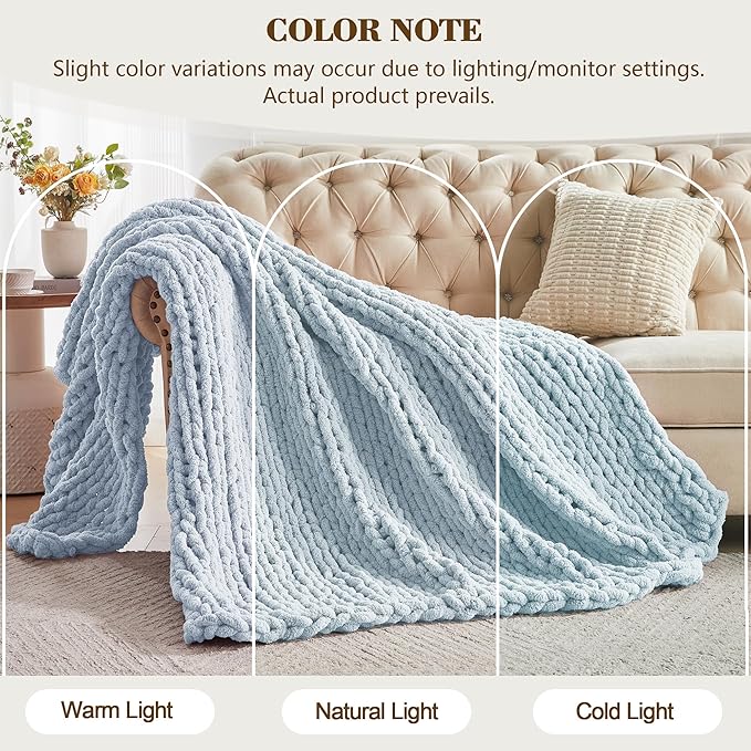 Carriediosa Chunky Knit Throw Blanket 50" X 60", 100% Hand Made Large Chenille Loop Yarn Soft Fluffy Throws for Couch Sofa Bed, Big Crochet Cozy Heavy Thick Cable Woven Blanket, Light Blue