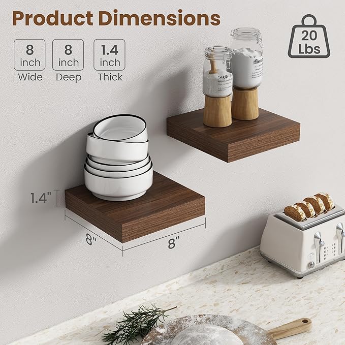 Axeman Square Floating Shelves for Wall, 8" W x 8" D x 1.4" H Rustic Wooden Wall Shelves, 4 Pack Wall Mounted Floating Shelf with Invisible Brackets for Living Room, Bathroom, Kitchen, Walnut Color