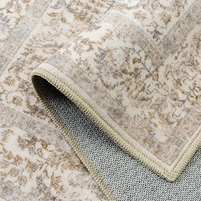 Light Brown Area Rug 3x4 Office Entryway Rug Machine Washable Kitchen Vintage Distressed Non Slip Carpet Indoor Retro Floral Accent Throw Door Mat for Bathroom Bedroom Dining Living Room