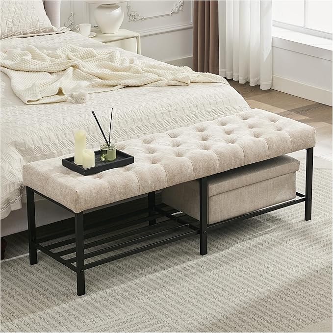 55.5" End of Bed Bench, Modern Chenille Button Tufted Bedroom Bench, Upholstered Storage Shoe Bench with Metal Base, Dinning Table Bench for Living Room, Bedroom, Entryway, Light Brown