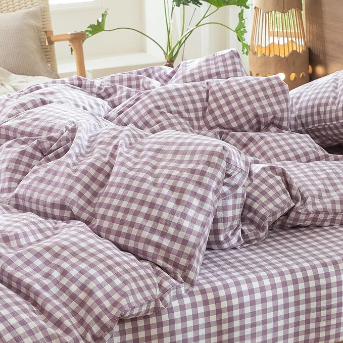 MooMee Gingham Duvet Cover Set 100% Washed Cotton Linen Like Textured Breathable Durable Soft Comfy Modern Checkered Design (Classic Gingham Light Purple, Full 80"x90")