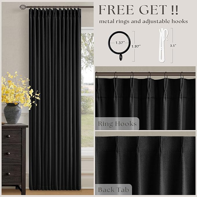 Black Blackout Pinch Pleated Linen Curtains 105 Inches Long for Living Room 2 Panels Thermal Insulted Dual Layer Drapes Ceiling Floor Back Tab 105 Inch Window Curtains Bedroom Sliding Glass Door
