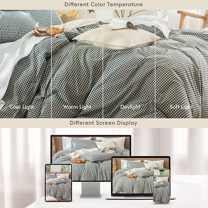 MooMee Gingham Duvet Cover Set 100% Washed Cotton Linen Like Textured Breathable Durable Soft Comfy Modern Checkered Design (Mini Gingham Forest Green, Palatial King/Oversized King 120"x98")