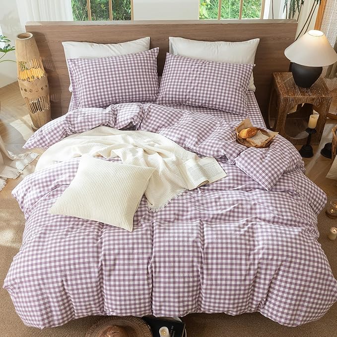 MooMee Gingham Duvet Cover Set 100% Washed Cotton Linen Like Textured Breathable Durable Soft Comfy Modern Checkered Design (Classic Gingham Light Purple, Palatial King/Oversized King 120"x98")
