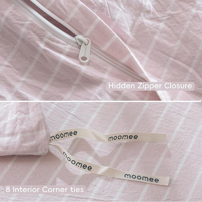 MooMee Striped Duvet Cover Set 100% Washed Cotton Linen Like Textured Breathable Durable Soft Comfy (Heathered Greyish Pink White Wide Stripes, Cal King 104"x98")