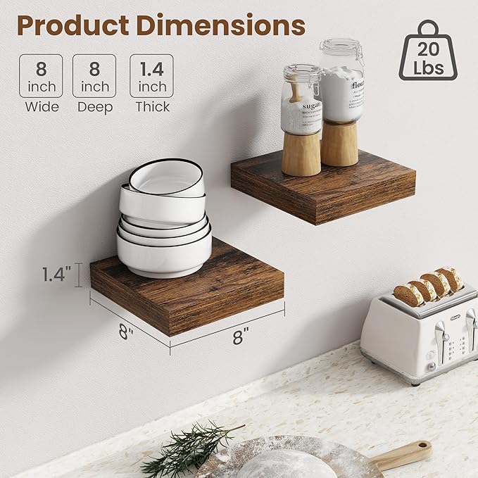 Axeman Square Floating Shelves for Wall, 8" W x 8" D x 1.4" H Rustic Wooden Wall Shelves, 4 Pack Wall Mounted Floating Shelf with Invisible Brackets for Living Room, Bathroom, Kitchen, Rustic Brown
