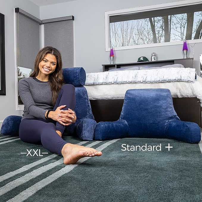 Husband Pillow Dark Blue, Original Reading Pillow in Bed Rest Chair, Shredded Memory Foam Large Lounge Cushion Adult Backrest with Arms, Comfy Back Support for Sit Sitting Up, Wash/Removable Cover