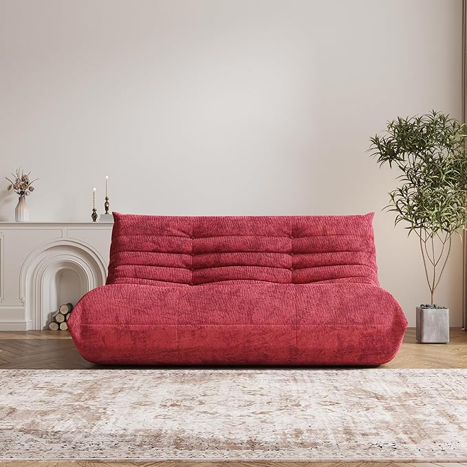 Bean Bag Chair Loveseat, 2 Seater, Red, Teddy Fabric, Modern, L-Shaped, Adults & Teens, Living Room & Bedroom