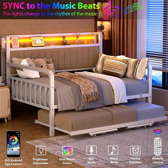 Daybed with Trundle and LED Light, Heavy Duty Metal Full Bed Frame with Upholstered Storage Headboard & Charging Station, Day Bed Pop Up Trundle Bed for Living Room,Bedroom and Guest Room, White