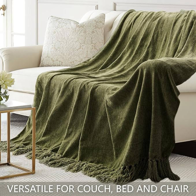 Chenille Throw Blanket for Couch 50"X 60", Soft Cozy Throws with Fringe Tassel for Bed Sofa Chair Cover, Lightweight Knitted Decorative Boho Blankets for Living Room, Olive Green