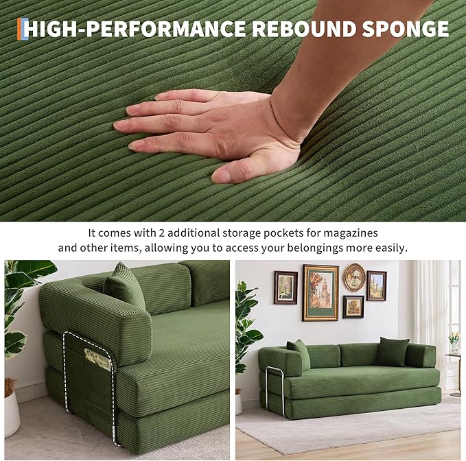 Garvee 5-in-1 Convertible Sofa Bed, 78.8" Modular Corduroy Sleeper with Sturdy Frame & No Assembly, Multi-Functional Futon for Small Space, Living Room & Guest Room (Green)