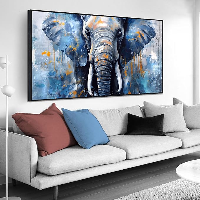 Elephant Wall Art for Living Room, Animal Canvas Wall-Decor for Bedroom, Blue Picture Print, Large Size 59x29 Inches Framed